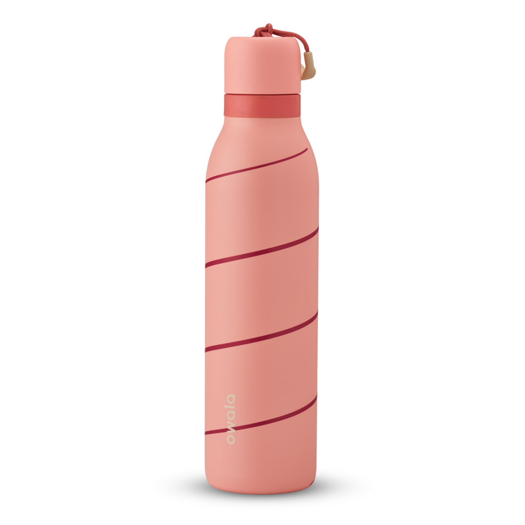 FreeSip Twist 24oz, coral pink body with orange-red lid and purple band; slim insulated bottle