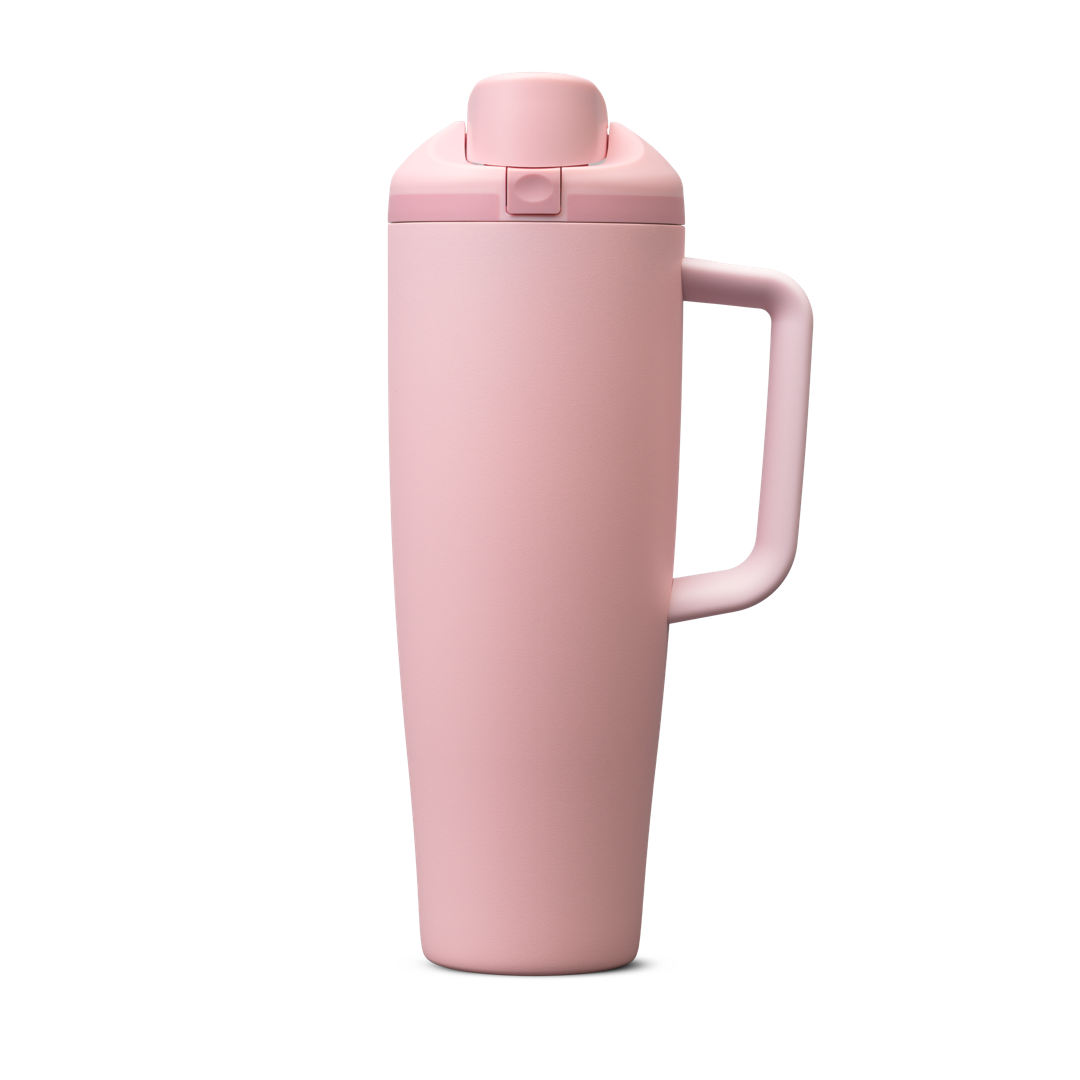 FreeSip Tumbler 30oz, soft rose pink body with matching pink lid and handle