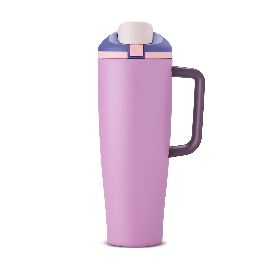 FreeSip Tumbler 30oz, soft rose pink body with matching pink lid and handle